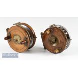 2x wooden and alloy combination wide drum centre pin reels – 4” dia with perforated alloy rear