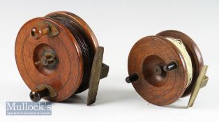 2x Nottingham wooden and brass back reels – 5” dia brass star back with on/off check button, brass