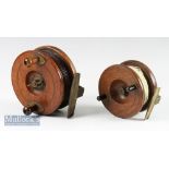 2x Nottingham wooden and brass back reels – 5” dia brass star back with on/off check button, brass