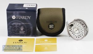 Fine and unused Hardy The Featherweight small alloy trout fly reel in makers box – 2 7/8” dia –