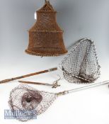 Fishing Folding Landing Nets. Both triangle shape one with wooden handle the other with alloy