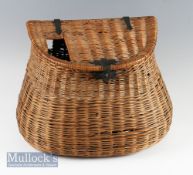 Rare Chas Farlow & Co Makers 191 Strand London large pot bellied wicker creel c. 1890 with
