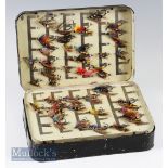 An unusual superb large black japanned multi swing leaf salmon clip fly box c/w 120 mixed large