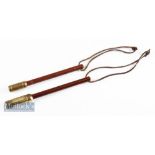 2x Hardy Bros wooden and brass fishing priests with wooden shafts, with leather loops, marked with