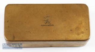 Unusual hinged brass fly box - opens into 3 sections containing 18 flies having the family crest