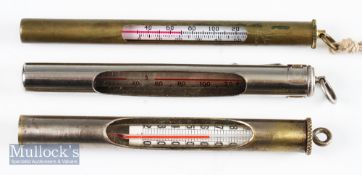 Hardy Brass Thermometer: Hardy brass case having glass thermometers in with screw top having ring