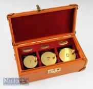Fine Commemorative Set of Hardy 1902 Perfect brass faced wide drum ltd ed fly reels in leather
