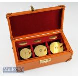 Fine Commemorative Set of Hardy 1902 Perfect brass faced wide drum ltd ed fly reels in leather