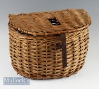 Wicker fishing creel, – Reed half-moon shaped creel with central slot, leather strap to lid 15”w x