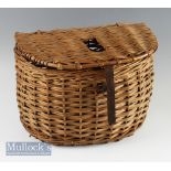 Wicker fishing creel, – Reed half-moon shaped creel with central slot, leather strap to lid 15”w x