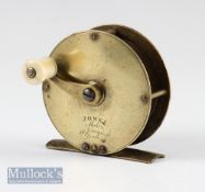 Early Jones Maker 111 Jermyn St London Vic. brass crank wind fly reel c.1850- 2.75” dia, curved