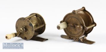 2x tiny brass crank wind reels – Vic. 1” dia x 1.26” wide drum fitted with curved crank handle