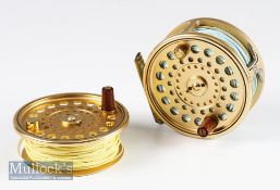 Good Hardy The Sovereign 9/10 Salmon fly reel c/w spare spool – 3.75” dia gold finish, wooden