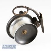 Malloch Patent side caster alloy reel drum measures 3.25” and 4” backplate with dark handle, stamped