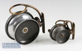 2x interesting Malloch Perth Patent alloy side casting reels - 3 7/8” dia drum fitted with Gibbs