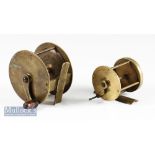 2x large interesting Vic brass wide drum crank wind fly reels - one stamped with makers Fish Logo