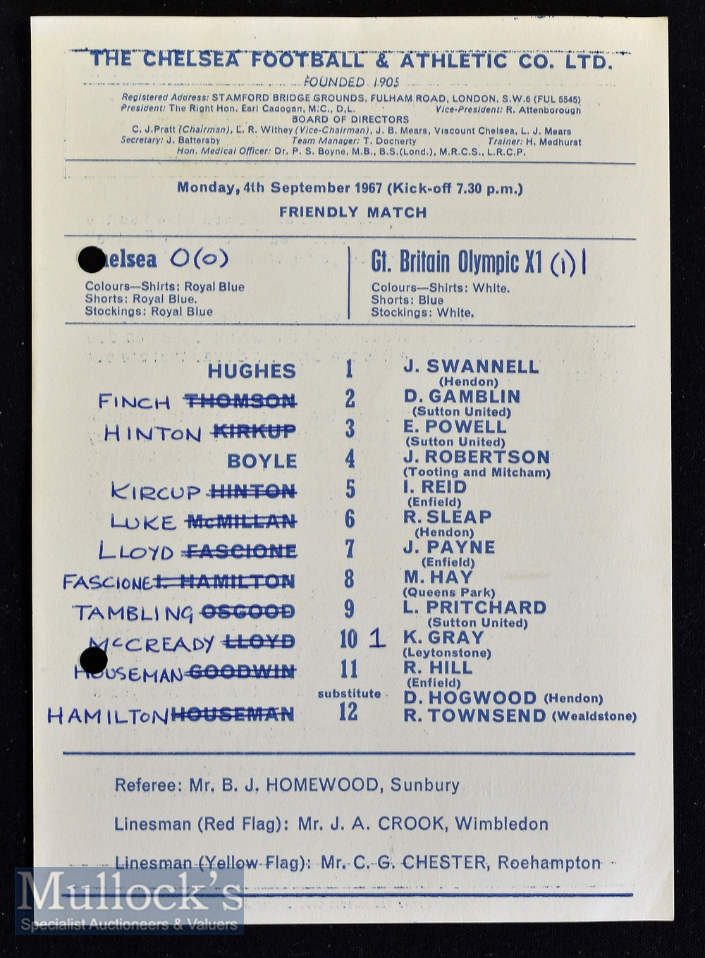 1967/68 Chelsea v Great Britain Olympic friendly football programme date 4 Sept^ single sheet^