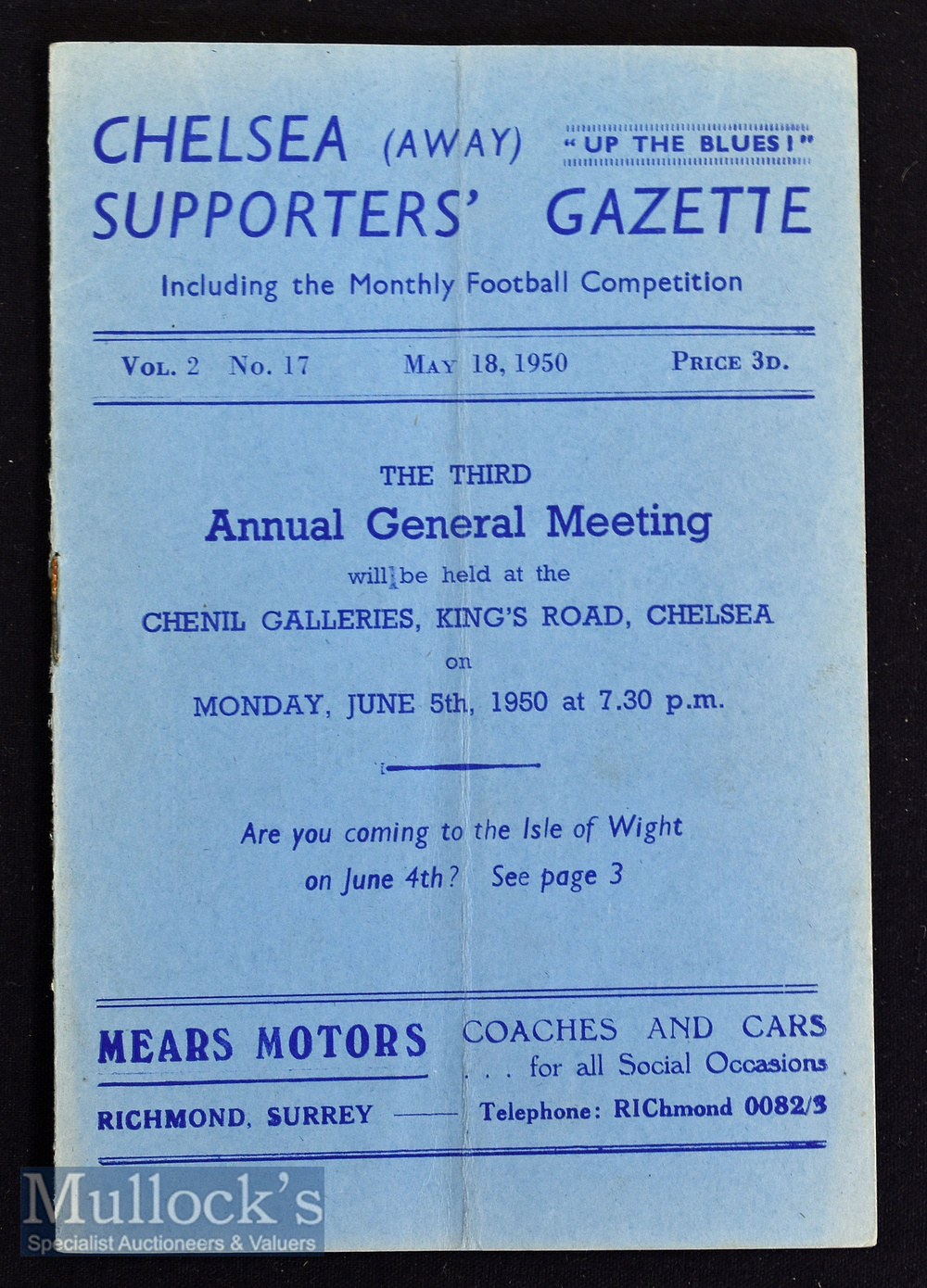 1950 Chelsea Supporters Gazette no.17 3rd Annual General Meeting^ date 5th June^ single sheets^