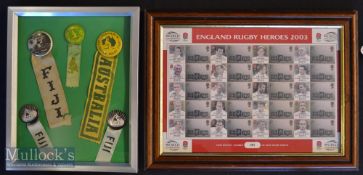 Framed Rugby Badges & Stamps (2): Nicely displayed^ a set of five circular illustrated tin lapel