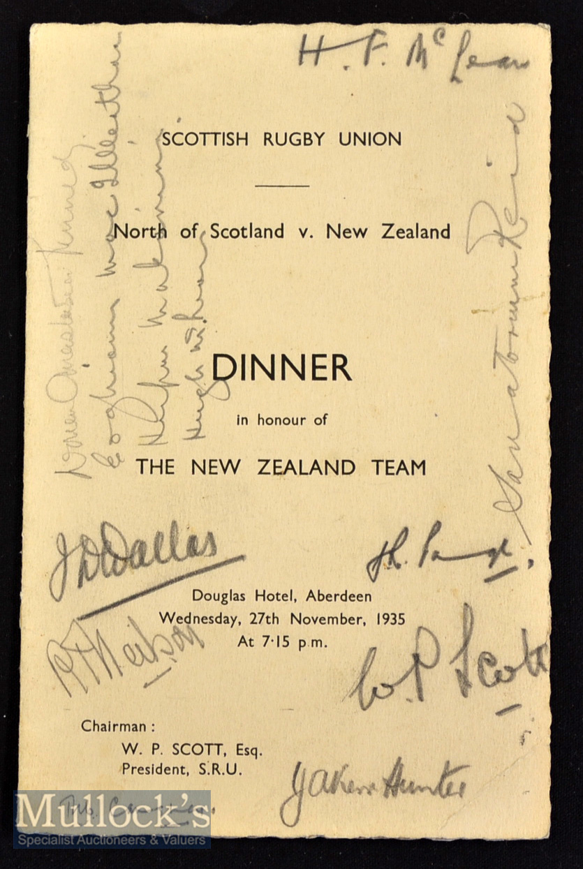 1935 Rare Signed North of Scotland v NZ Dinner Menu: Multiple signatures on 4pp card Menu with