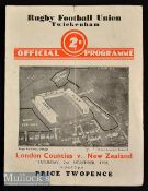 1935 London Counties v New Zealand Rugby programme: With pocket fold^ slight crease and pencilled
