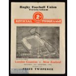 1935 London Counties v New Zealand Rugby programme: With pocket fold^ slight crease and pencilled