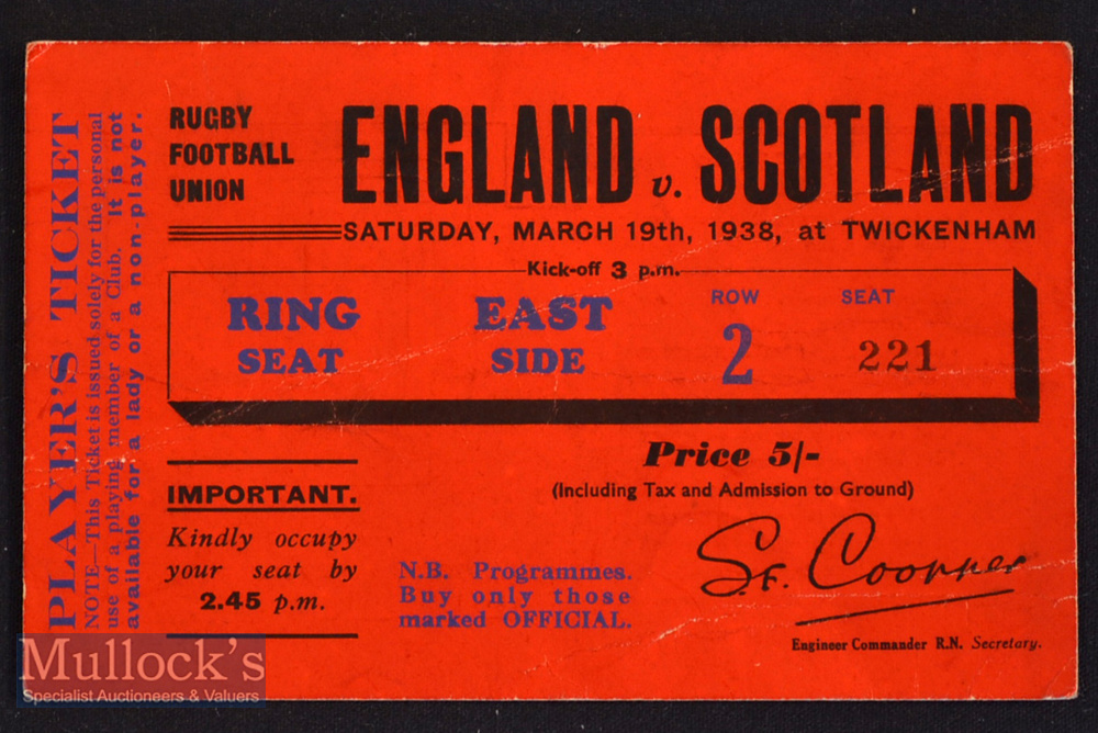 Rare 1938 England v Scotland Player’s Rugby Ticket: Bold large red & black Ring Ticket for use