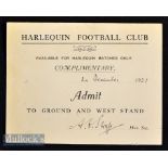 Rare 1921 Harlequins Signed Admission Ticket: 4” x 3” clean card for a Christmas Eve match at