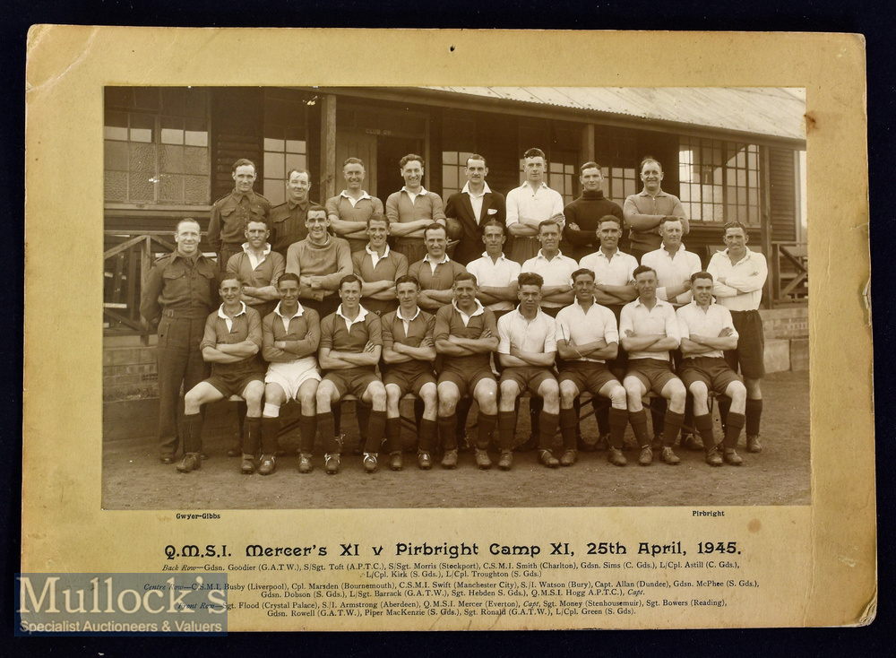 1945 QMSI Mercer’s XI v Pirbright Camp XI football photograph date 25 April featuring Matt Busby
