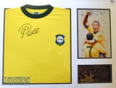 Pele Signed Football Shirt Framed Display signed in ink to a replica Brazil football shirt^ with