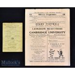 V Rare 1911 Oxford U v Blackheath Rugby Programme etc: Small 5” x 4” strong cream card issue^ a