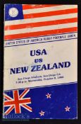 Very Rare 1980 USA v New Zealand All Blacks Rugby Programme: 36pp issue with slightly colour-run