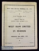 1953 West Ham United v St Mirren football programme date 20 April at Boyelyn ground^ floodlight