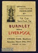 Burnley v Liverpool FA Cup Semi- Final Football Programme: Played at Ewood Park Blackburn 29th March