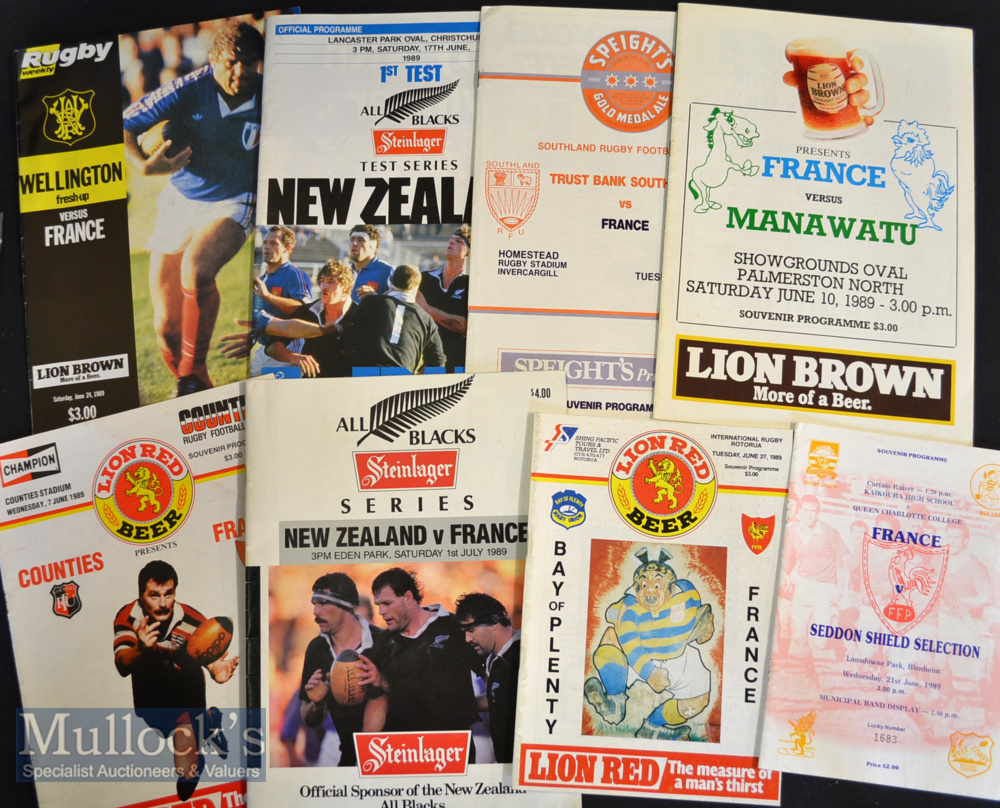 1989 France in New Zealand Rugby Programmes (8): Full tour^ large or small^ inc some harder to find^