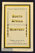 1952 Newport v S Africa Signed Rugby Programme: 12 pp attractive issue for the game won 12-6 by