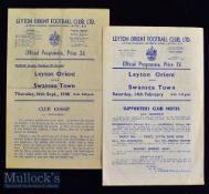 1948/1949 Leyton Orient v Swansea Town football programmes dates 16 Sep and 14 Feb single sheets^