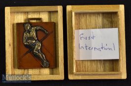 Rare Japan Rugby Medallion: Neatly wooden-boxed^ this bronze item is approx 1” square^ with player