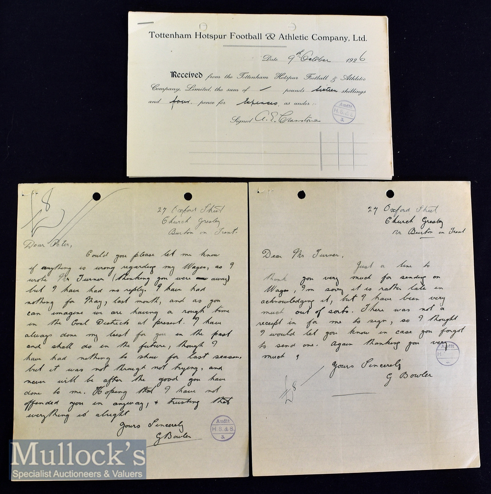 Tottenham Hotspur George Bowler Hand Written Letters signed to the end^ undated^ together with