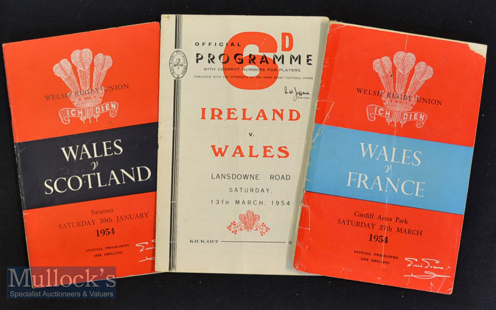 1954 Wales Rugby Programmes (3): Nice trio^ away at Ireland (Bryn Meredith debut)^ home against