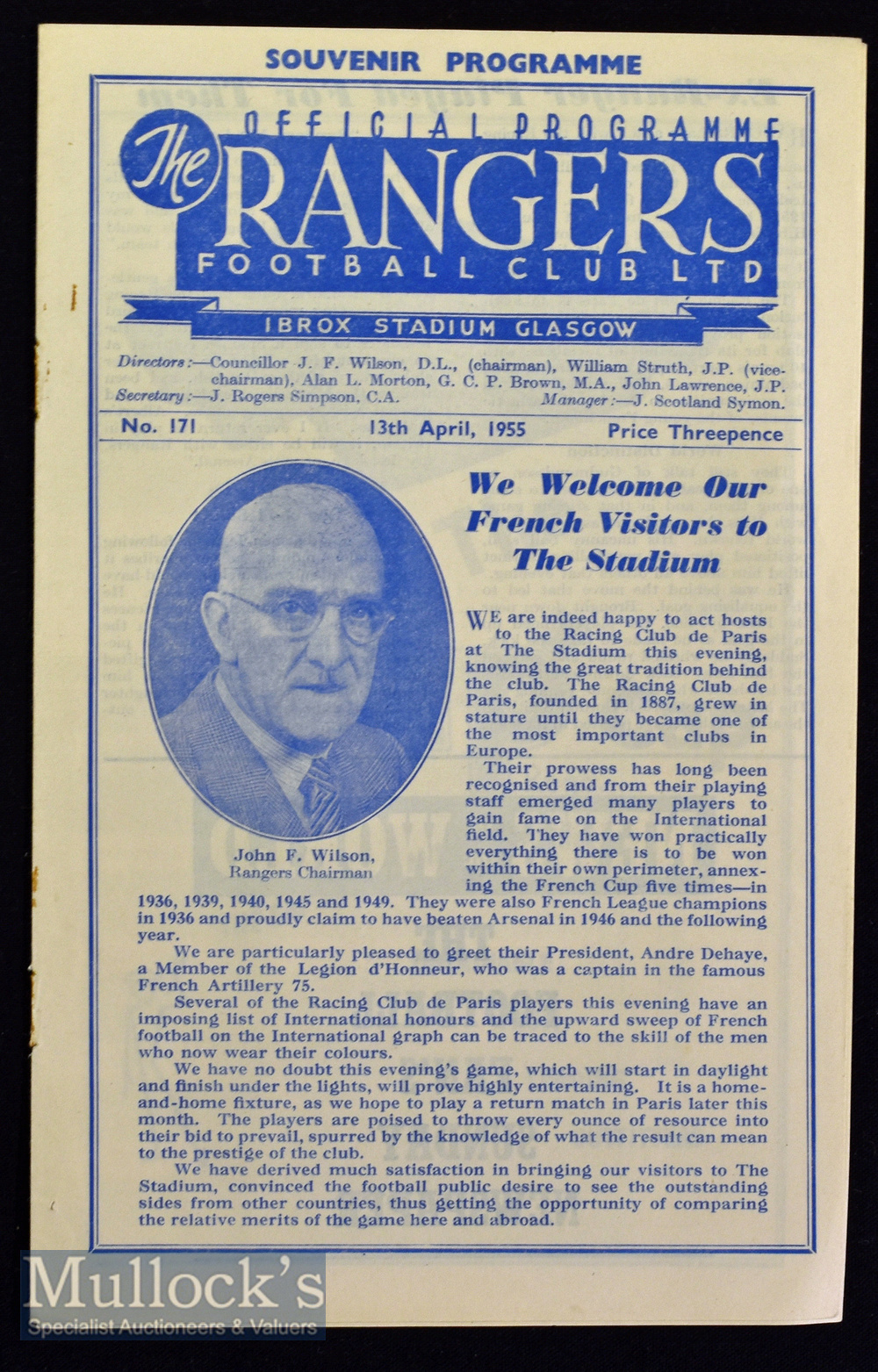 1955 Rangers v Racing Club de Paris football programme date 13 April at Ibrox Stadium^ staple