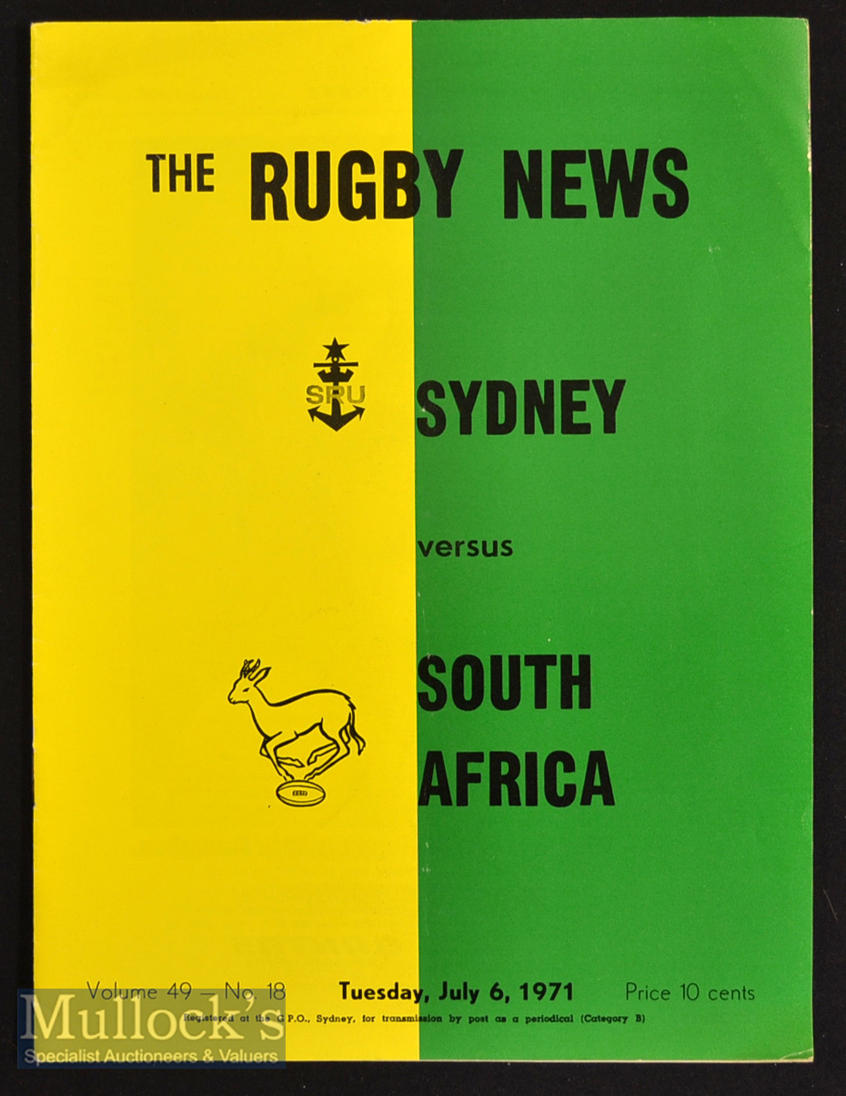 1971 Sydney v South Africa Rugby Programme: Clean sharp issue for the Sydney hosting of the