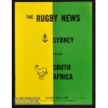 1971 Sydney v South Africa Rugby Programme: Clean sharp issue for the Sydney hosting of the