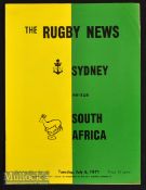1971 Sydney v South Africa Rugby Programme: Clean sharp issue for the Sydney hosting of the