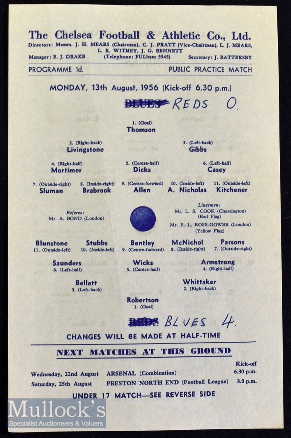 1956/57 Chelsea Public Practice Match football programme date 13 Aug^ Blues v Reds^ single sheet^
