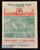 1939 England v Ireland Rugby programme: Very clean crisp usual Twickenham 4pp card for the last