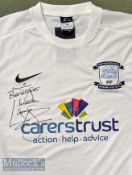 Mark Lawrenson signed Preston North End Football shirt home white short sleeve replica shirt^ signed