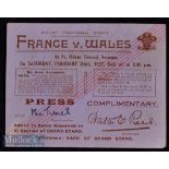 Scarce 1927 Wales v France Ticket/Press Pass: Complimentary Press ticket for the Times reporter (D R