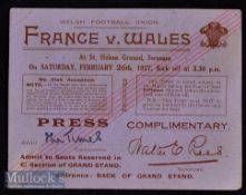 Scarce 1927 Wales v France Ticket/Press Pass: Complimentary Press ticket for the Times reporter (D R