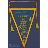 1981 SA Rugby pennant signed by Springbok Johann Claassen: Large triangular green and gold felt